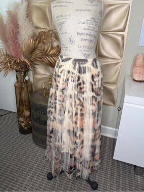 Origami Animal Print Mesh Midi Skirt Pleated Sheer Overlay Elastic Waist